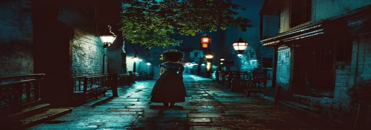民国风格上海弄堂夜景中旗袍女子侧影，昏黄路灯映照青石板路，胶片颗粒质感浓郁，象征色戒无删减版的历史厚重与人性复杂